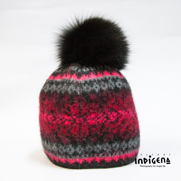 Charcoal and Red Cuffed Pom Pom Toque