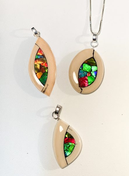 Mammoth Ivory and Ammolite Pendants